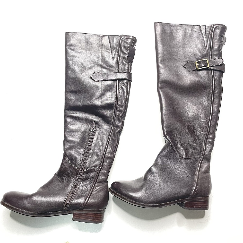 Reba Women's Brown Leather Mid Calf boots Size 6.5 Zip Riding Style Buckle